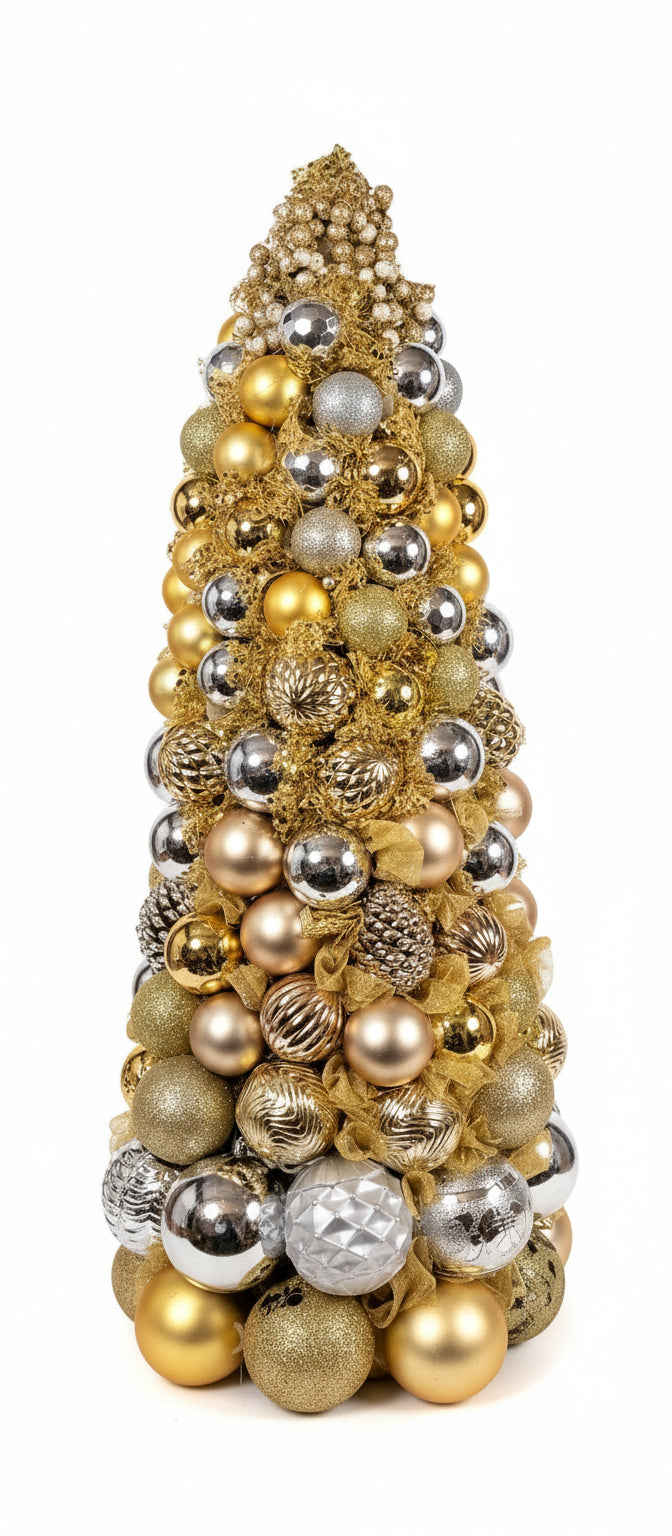 Decorative Christmas tree made of gold, silver, and bronze ornaments on a plain background