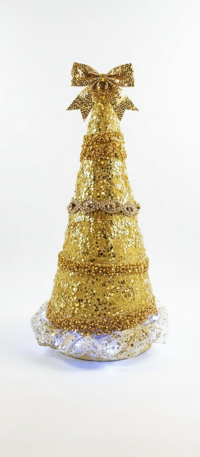 Decorative gold Christmas tree with a glowing base gold rhinestones  and decor