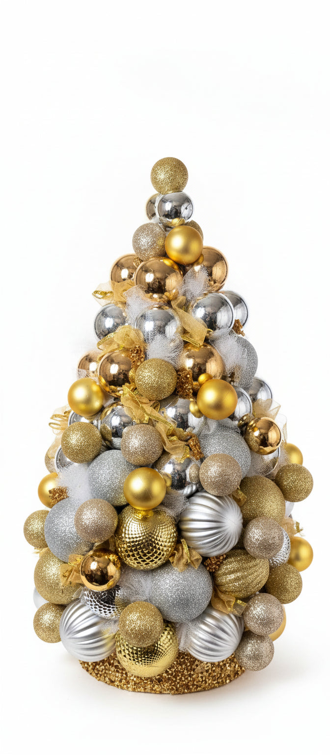 Decorative Christmas tree made of gold, silver, and  ornaments on a neutral background
